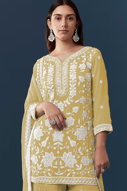 Stunning Mustard Yellow Georgette Sharara Suit Set Embroidery Work