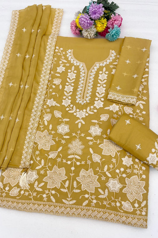 Stunning Mustard Yellow Georgette Sharara Suit Set Embroidery Work