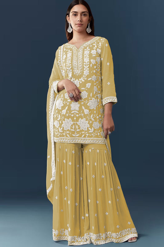Stunning Mustard Yellow Georgette Sharara Suit Set Embroidery Work