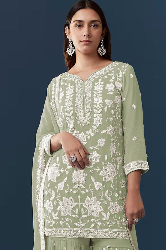 Graceful Pista Green Georgette Sharara Suit Set Embroidery Work