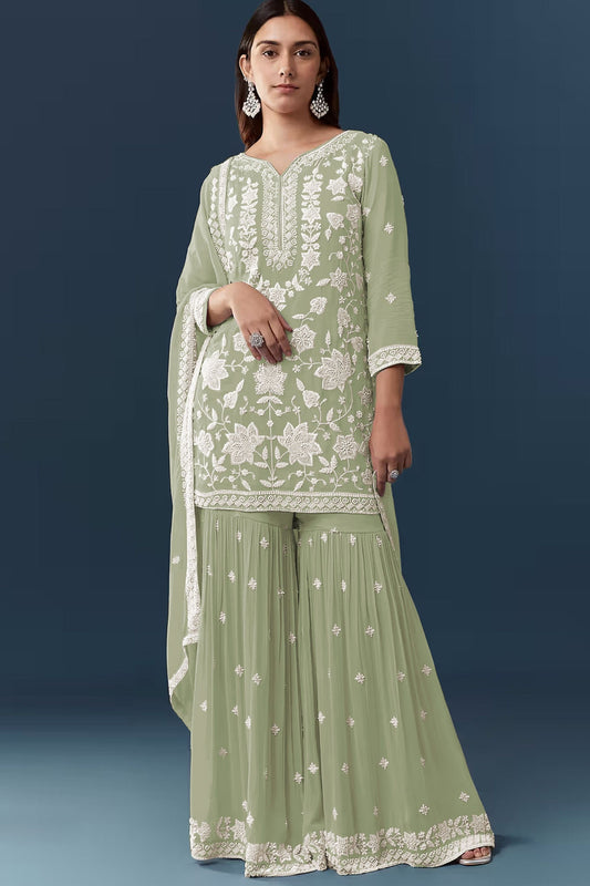 Graceful Pista Green Georgette Sharara Suit Set Embroidery Work