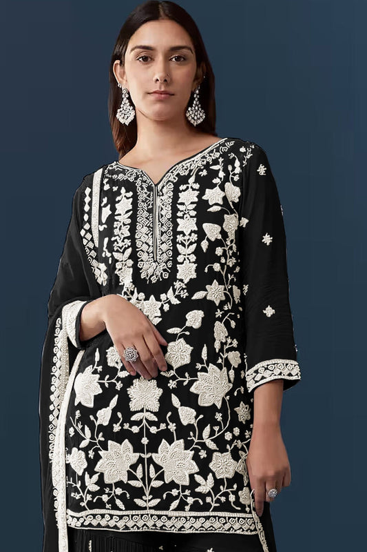Premium Black Georgette Sharara Suit Set Embroidery Work
