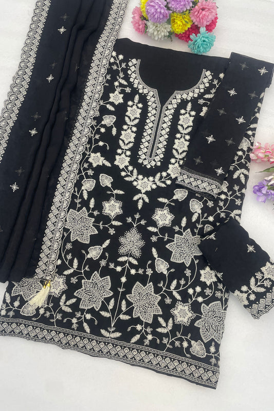 Premium Black Georgette Sharara Suit Set Embroidery Work