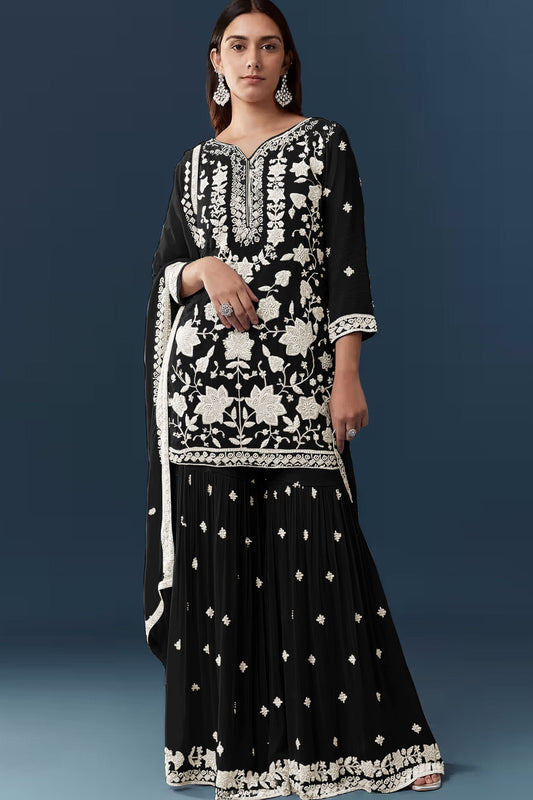 Premium Black Georgette Sharara Suit Set Embroidery Work