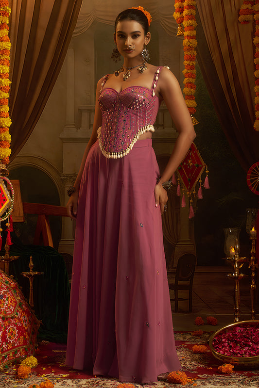 Elegant Wine Georgette Designer Palazzo Suit with Embroidered Corset Blouse and Flared Skirt