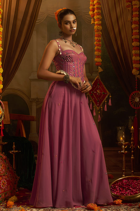 Elegant Wine Georgette Designer Palazzo Suit with Embroidered Corset Blouse and Flared Skirt