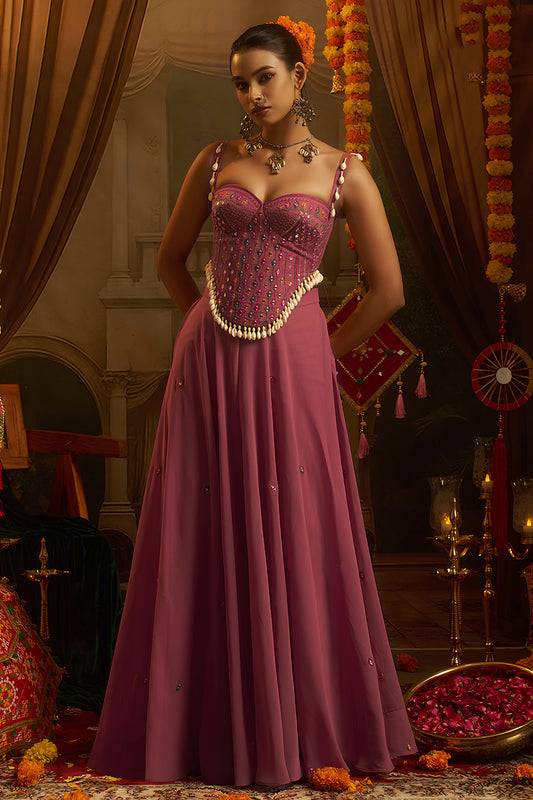 Elegant Wine Georgette Designer Palazzo Suit with Embroidered Corset Blouse and Flared Skirt