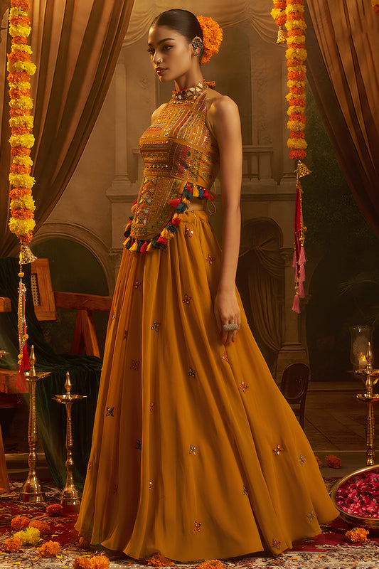 Stylish Mustard Yellow Georgette Designer Palazzo Suit with Embroidered Corset Blouse and Flared Skirt
