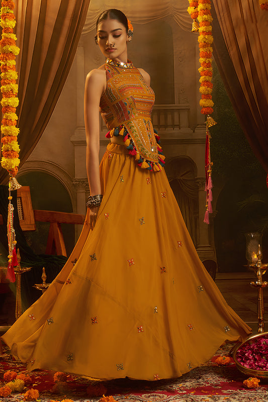 Stylish Mustard Yellow Georgette Designer Palazzo Suit with Embroidered Corset Blouse and Flared Skirt