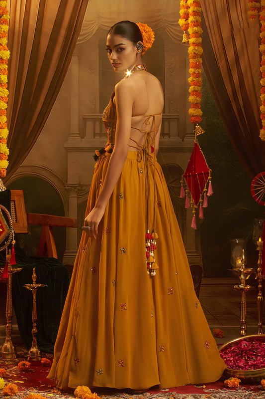 Stylish Mustard Yellow Georgette Designer Palazzo Suit with Embroidered Corset Blouse and Flared Skirt