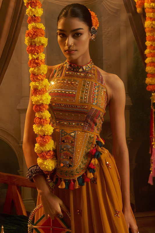 Stylish Mustard Yellow Georgette Designer Palazzo Suit with Embroidered Corset Blouse and Flared Skirt