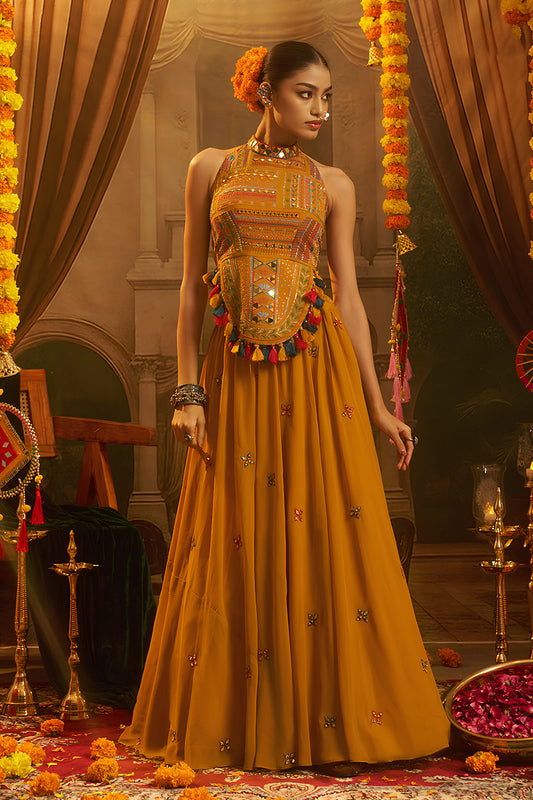 Stylish Mustard Yellow Georgette Designer Palazzo Suit with Embroidered Corset Blouse and Flared Skirt (Copy)