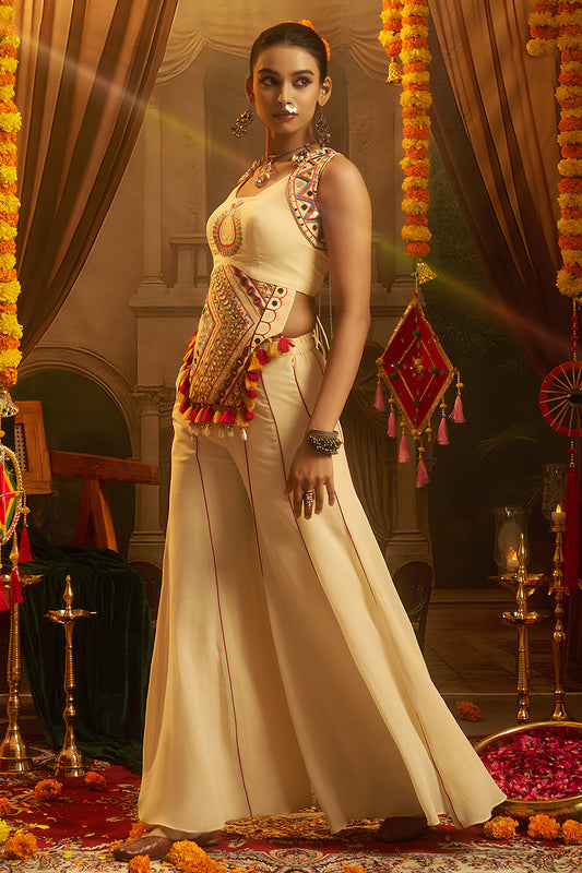 Stunning Off White Georgette Designer Palazzo Suit with Embroidered Corset Blouse and Flared Skirt