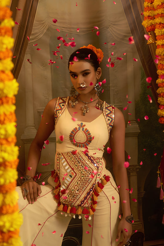 Stunning Off White Georgette Designer Palazzo Suit with Embroidered Corset Blouse and Flared Skirt