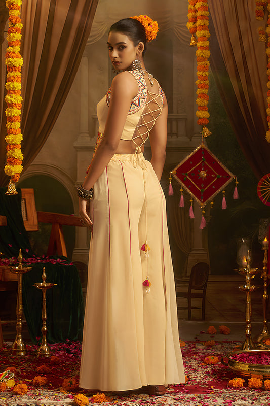 Stunning Off White Georgette Designer Palazzo Suit with Embroidered Corset Blouse and Flared Skirt