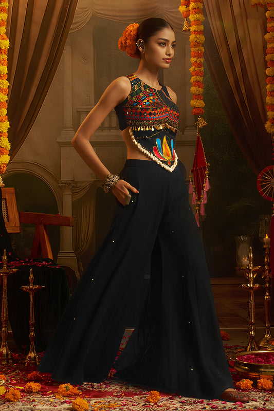 Trendy Black Georgette Designer Palazzo Suit with Embroidered Corset Blouse and Flared Skirt