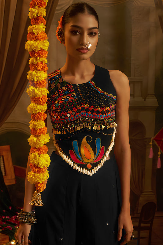 Trendy Black Georgette Designer Palazzo Suit with Embroidered Corset Blouse and Flared Skirt