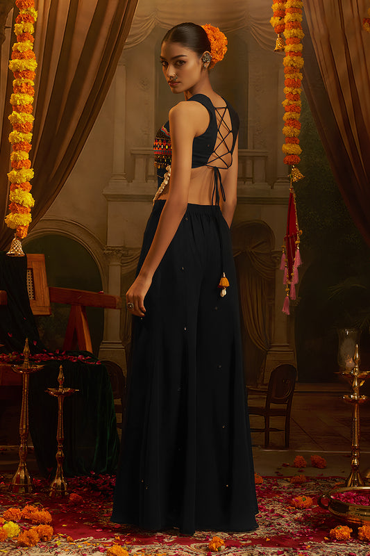 Trendy Black Georgette Designer Palazzo Suit with Embroidered Corset Blouse and Flared Skirt