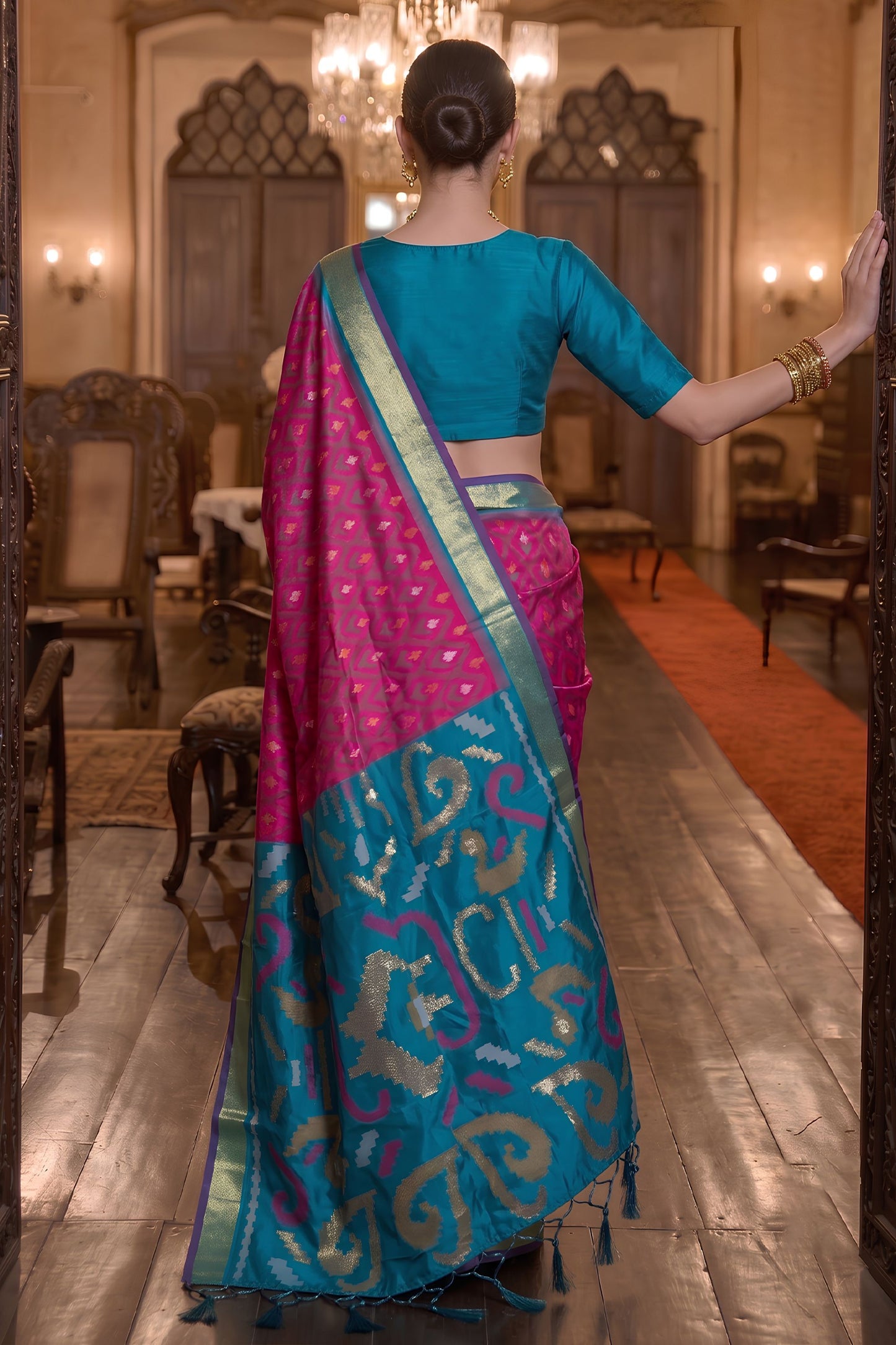 Vibrant Rani Pink Soft Silk Woven Printed Saree with Woven Border