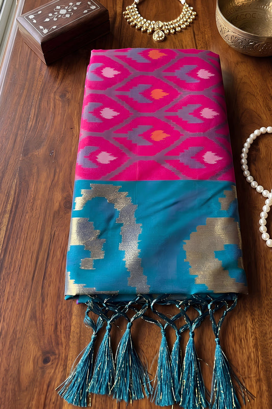 Vibrant Rani Pink Soft Silk Woven Printed Saree with Woven Border