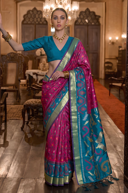 Vibrant Rani Pink Soft Silk Woven Printed Saree with Woven Border