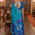 Stunning Teal Blue Soft Silk Woven Printed Designer Saree with Woven Border