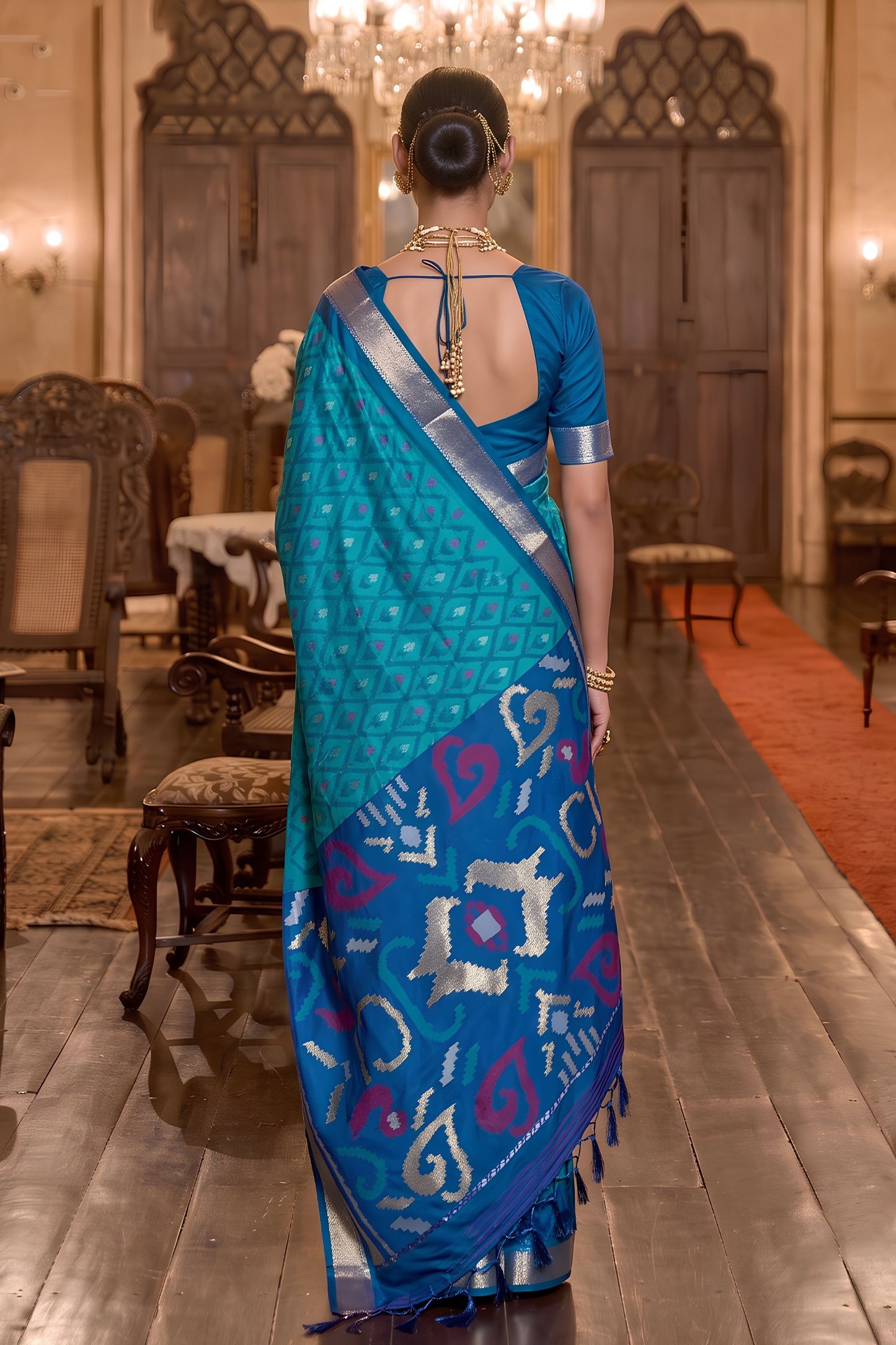 Stunning Teal Blue Soft Silk Woven Printed Designer Saree with Woven Border
