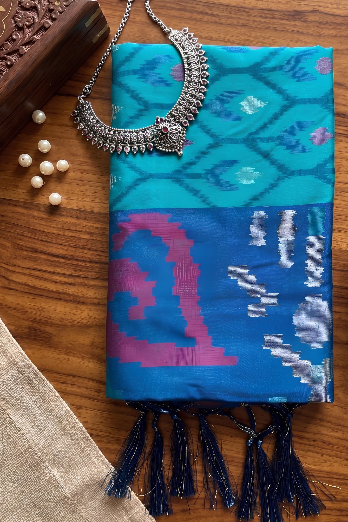 Stunning Teal Blue Soft Silk Woven Printed Designer Saree with Woven Border