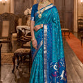 Stunning Teal Blue Soft Silk Woven Printed Designer Saree with Woven Border