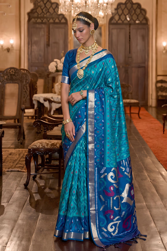 Stunning Teal Blue Soft Silk Woven Printed Designer Saree with Woven Border