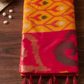 Premium Yellow Soft Silk Woven Printed Designer Saree Rani Pink Woven Border