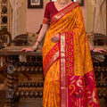 Premium Yellow Soft Silk Woven Printed Designer Saree Rani Pink Woven Border