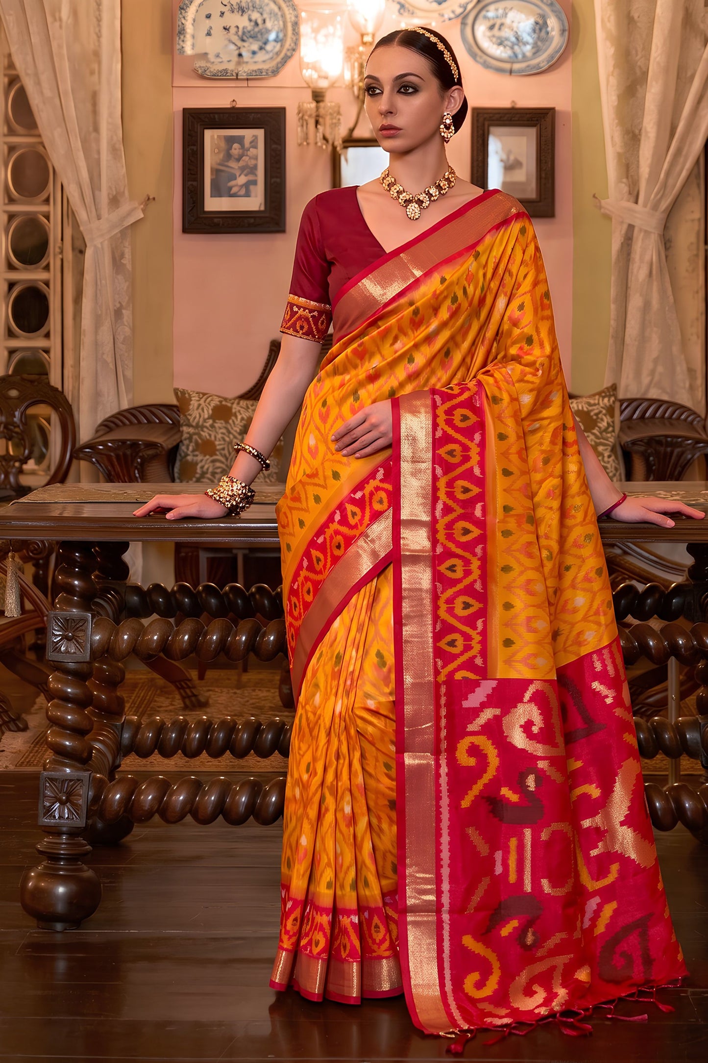 Premium Yellow Soft Silk Woven Printed Designer Saree Rani Pink Woven Border