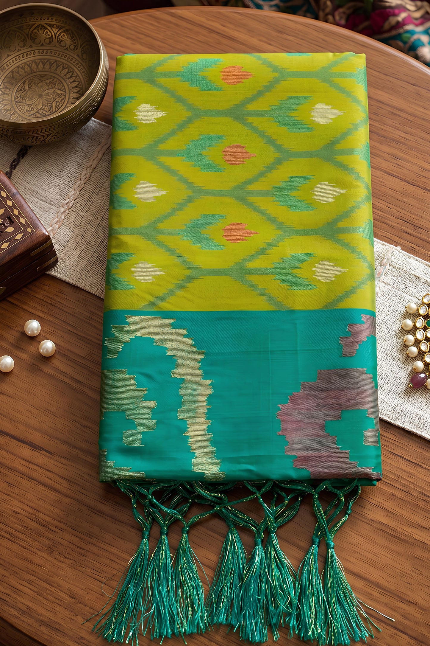 Vibrant Lime Green Soft Silk Woven Printed Saree Green Woven Border