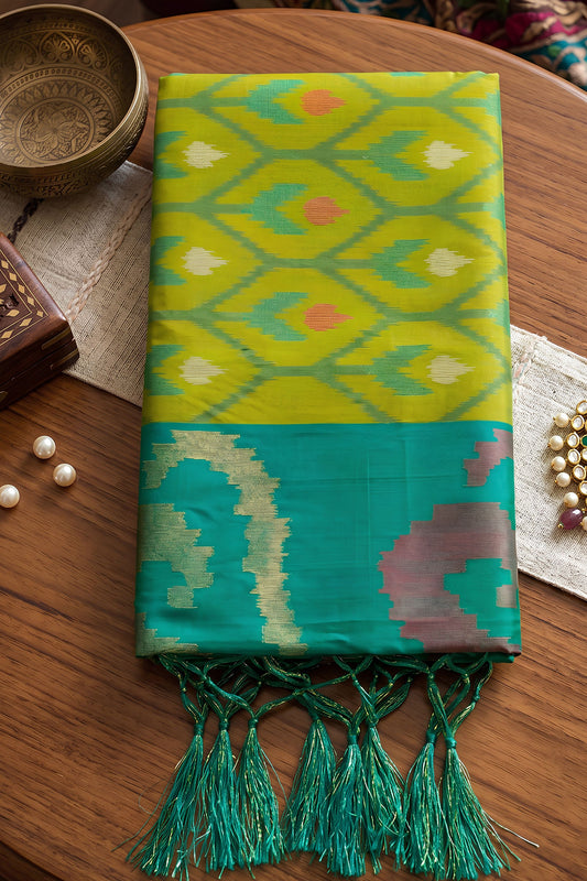 Vibrant Lime Green Soft Silk Woven Printed Saree Green Woven Border