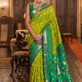 Vibrant Lime Green Soft Silk Woven Printed Saree Green Woven Border