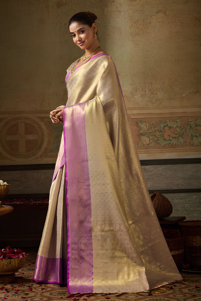 Elegant Cream Gold Kanchivaram Silk Woven Jari Saree