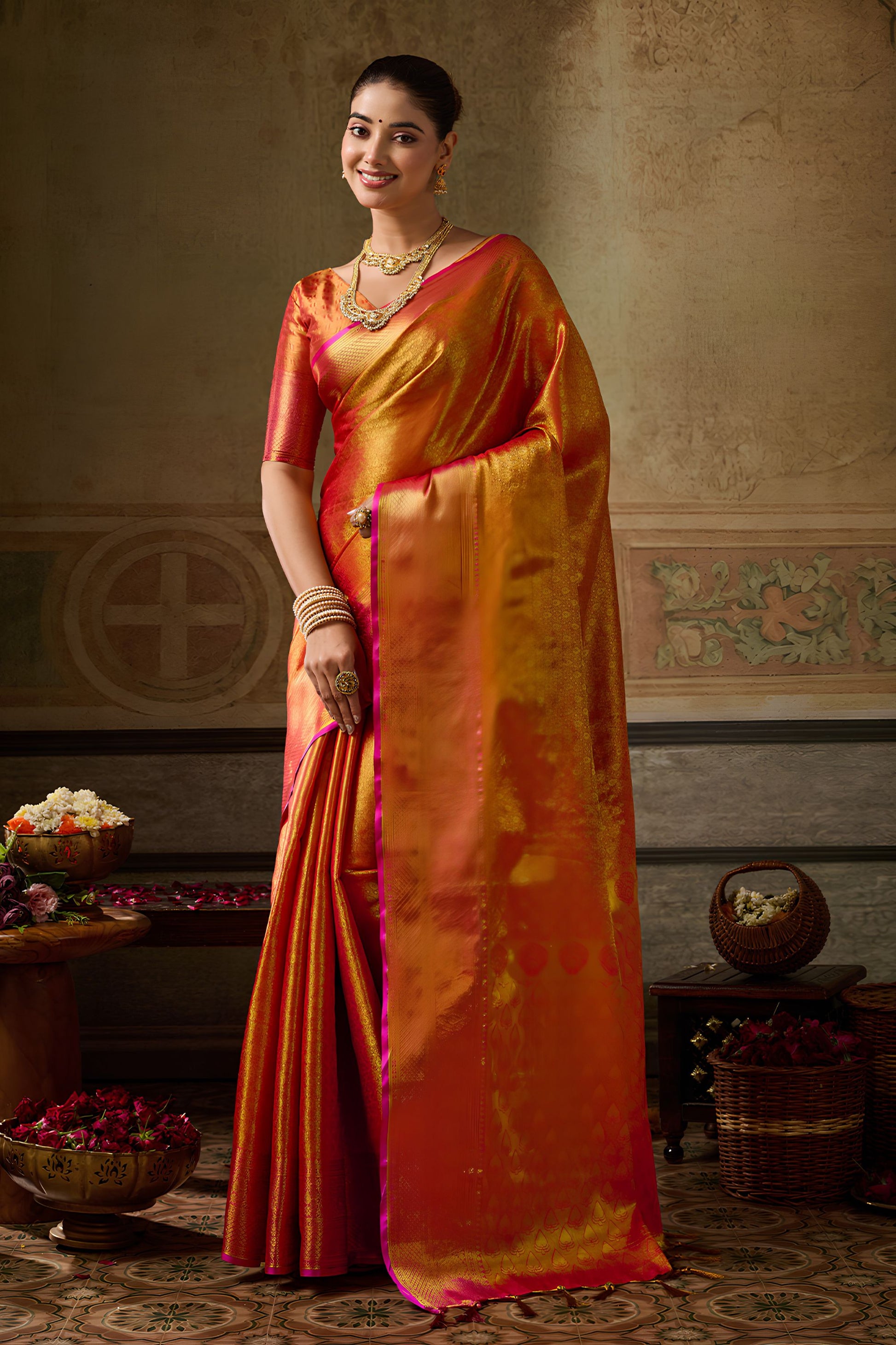 Stunning Orange Gold Kanchivaram Silk Woven Jari Saree