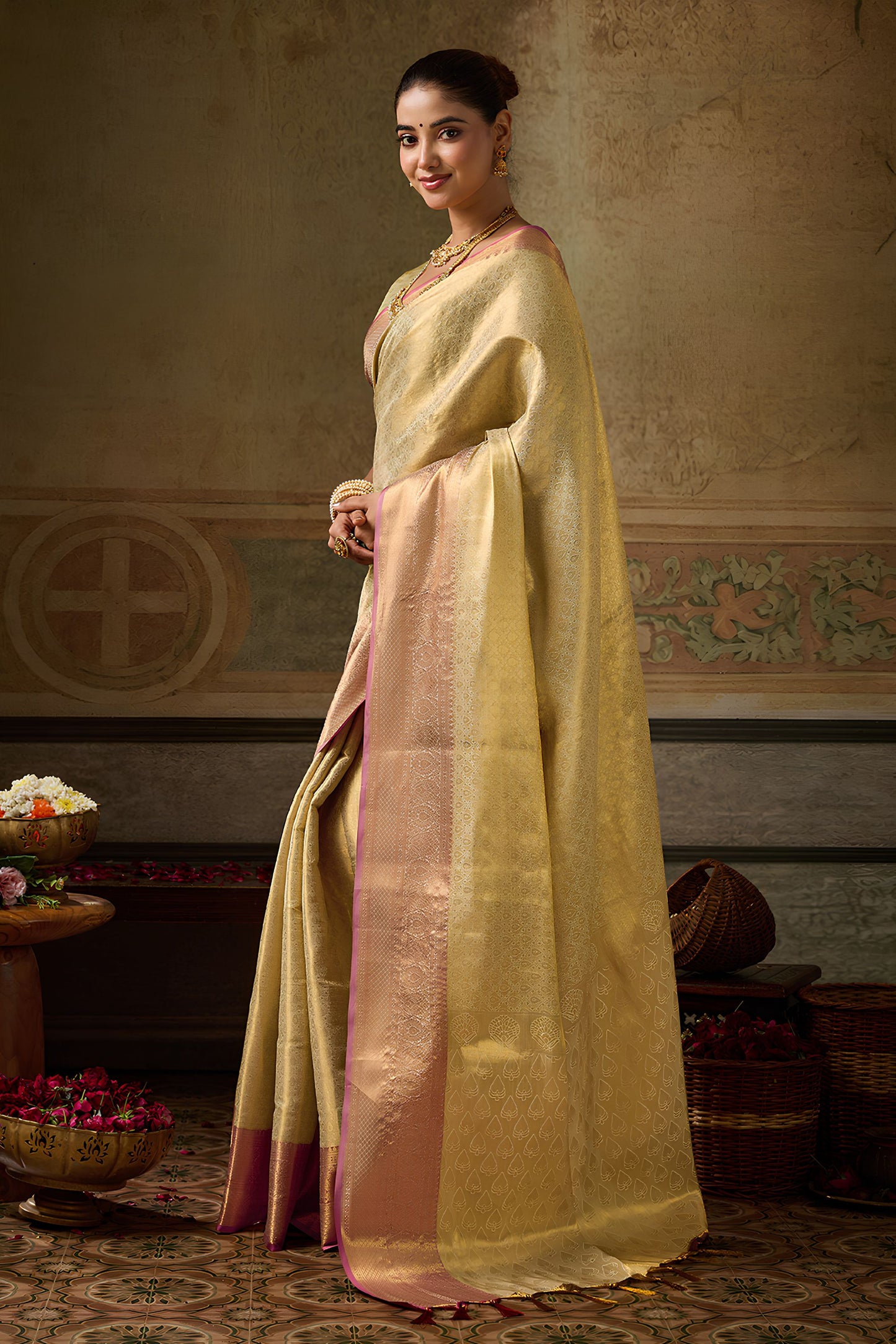 Premium Cream Kanchivaram Silk Woven Jari Saree