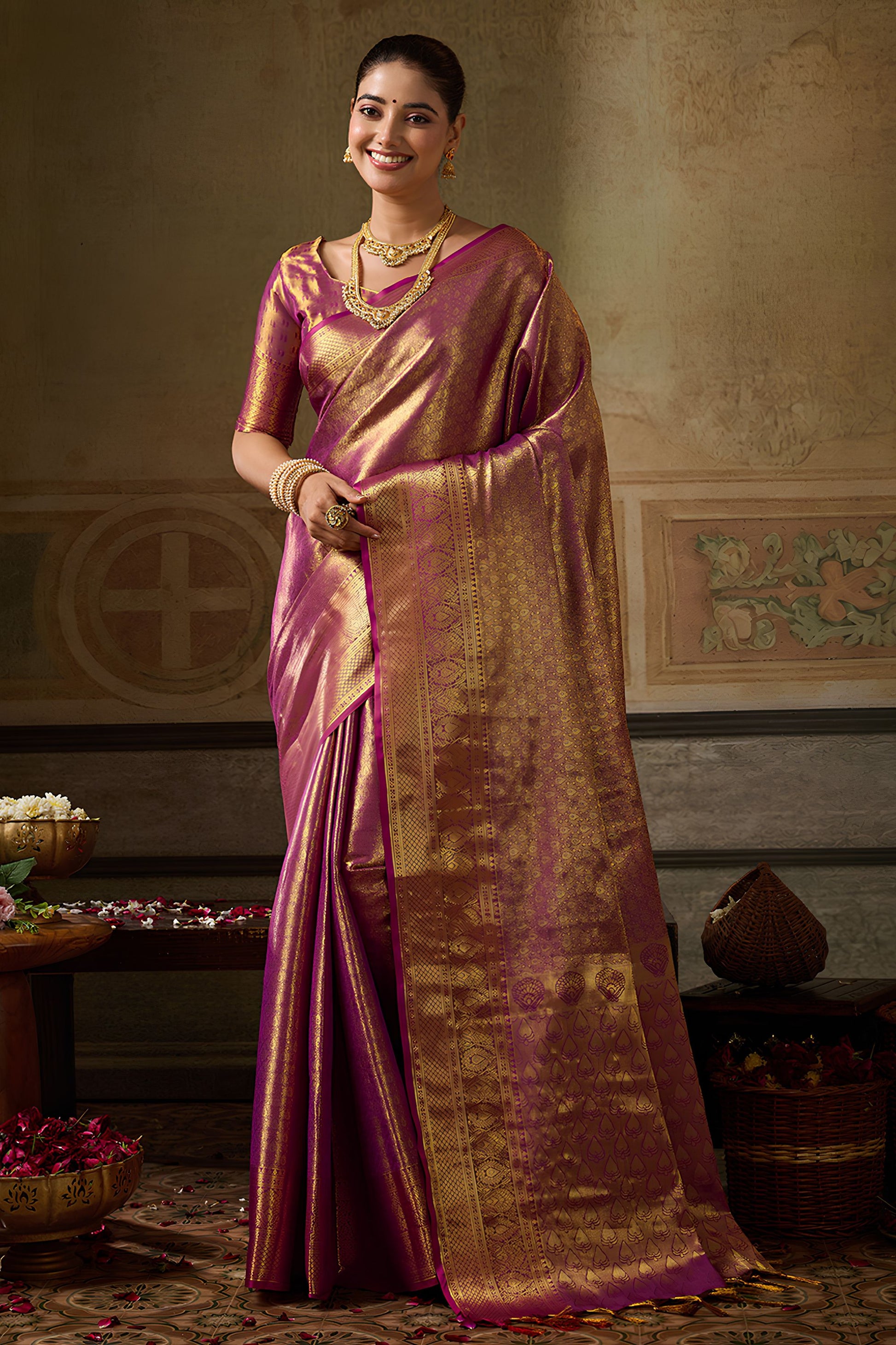 Royal Wine Kanchivaram Silk Woven Jari Saree Golden Jari Border