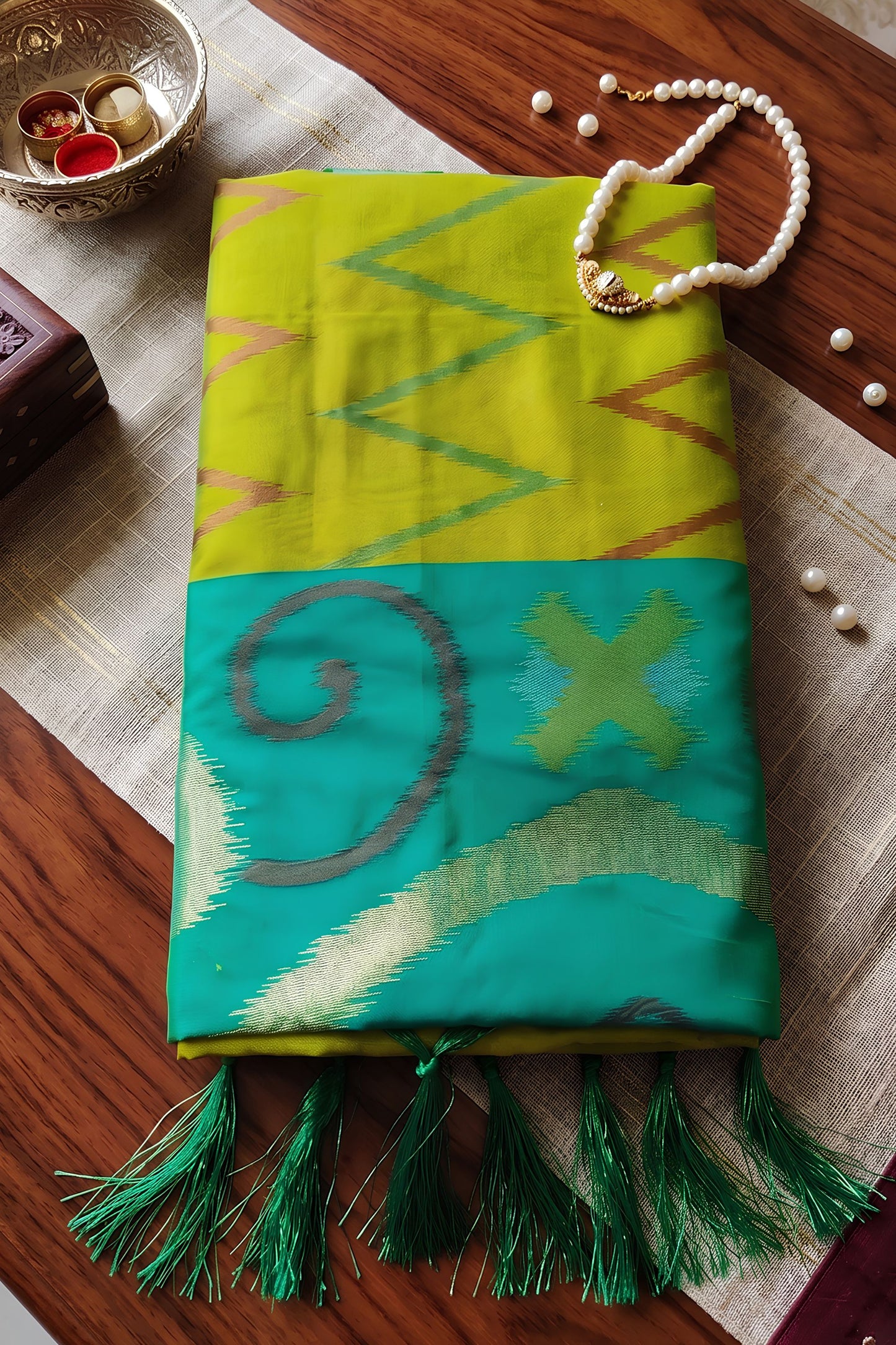 Vibrant Yellow Green Soft Silk Woven Border Designer Printed Saree
