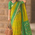 Vibrant Yellow Green Soft Silk Woven Border Designer Printed Saree