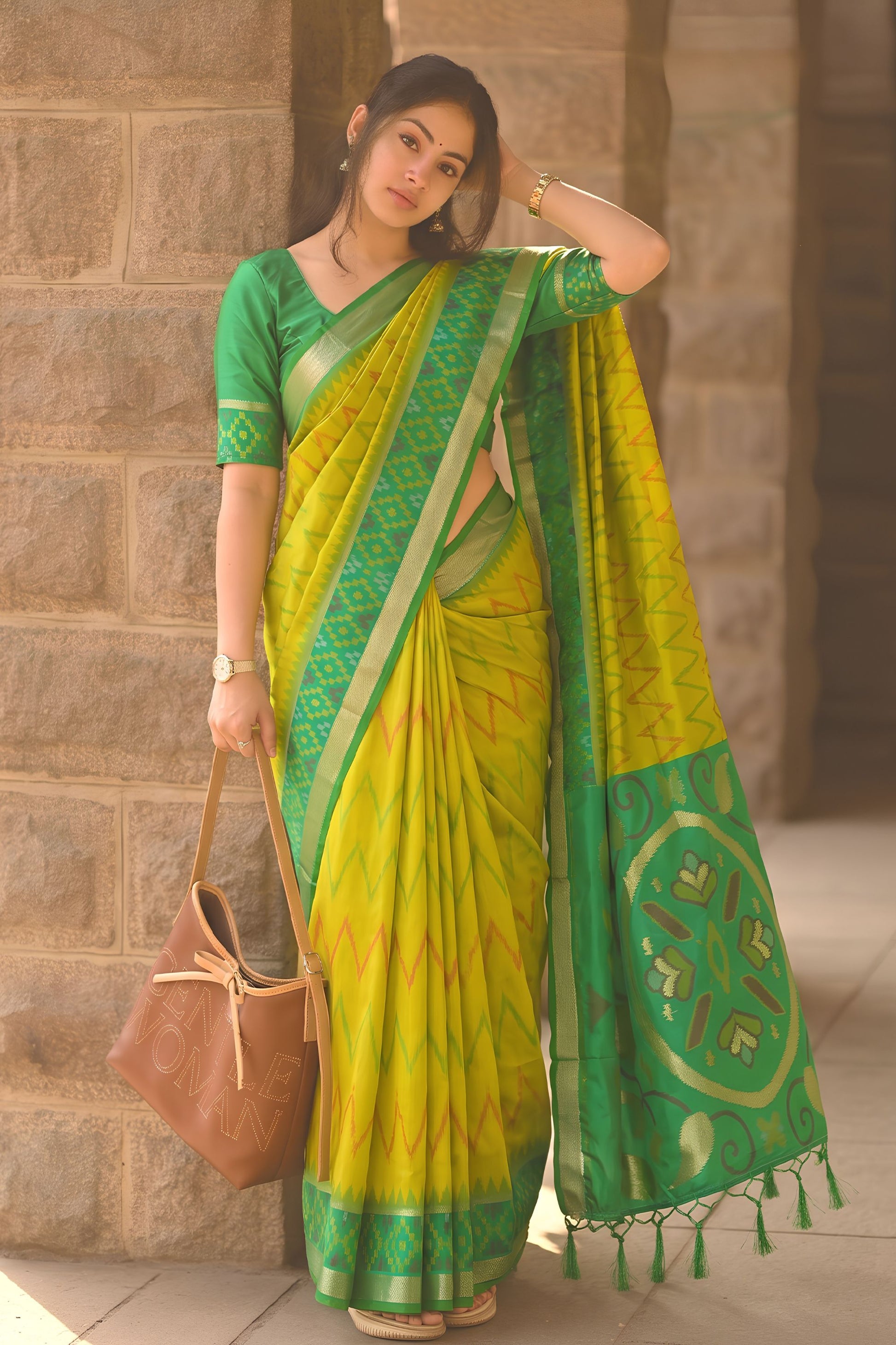 Vibrant Yellow Green Soft Silk Woven Border Designer Printed Saree
