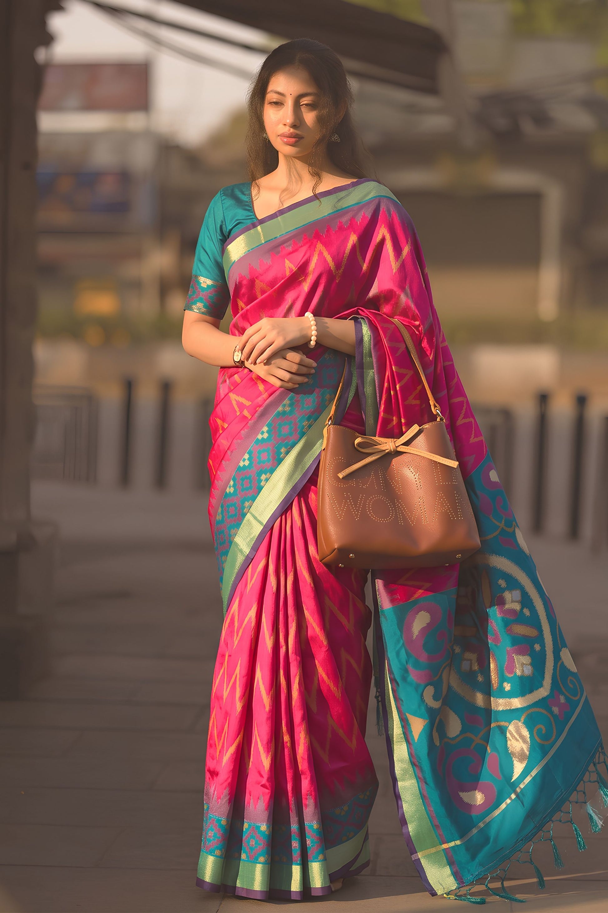 Beautiful Rani Pink Soft Silk Woven Border Designer Printed Saree