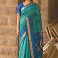 Grateful Teal Blue Soft Silk Woven Border Designer Printed Saree