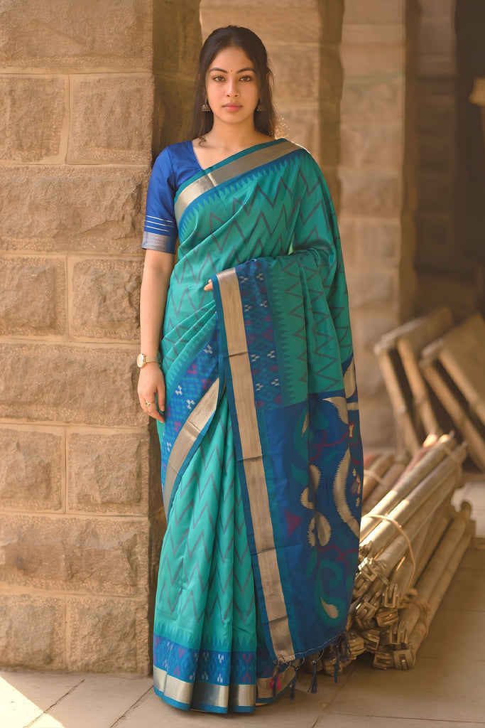 Grateful Teal Blue Soft Silk Woven Border Designer Printed Saree