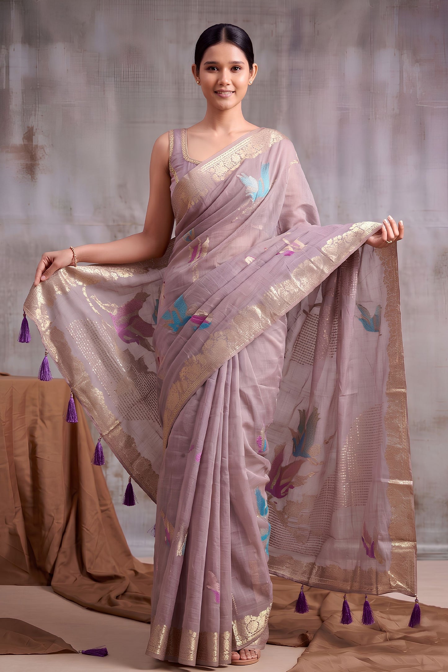 Stylish Lavender Linen Cotton Woven Designer Saree