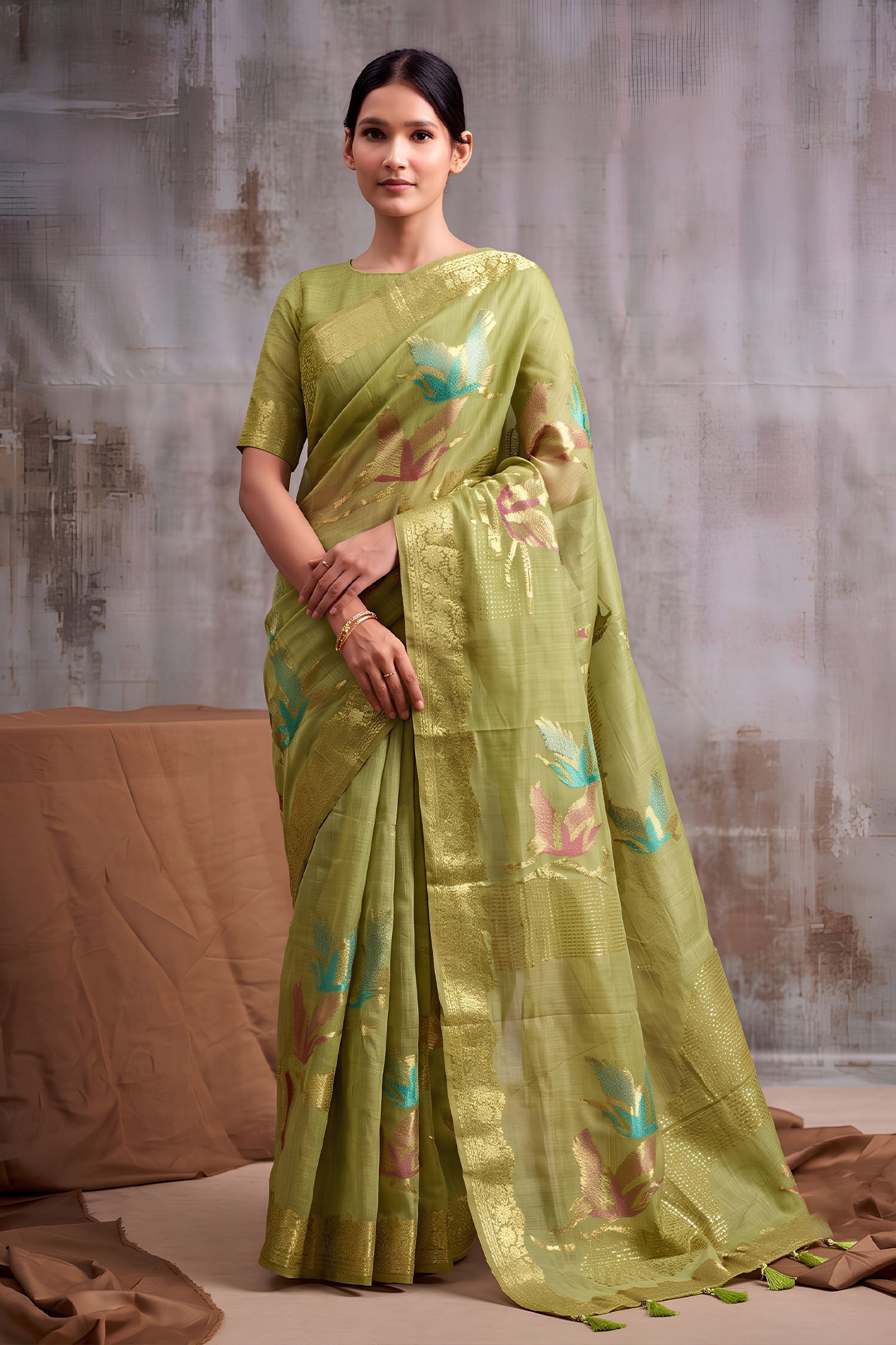 Graceful Pista Green Linen Cotton Woven Designer Saree