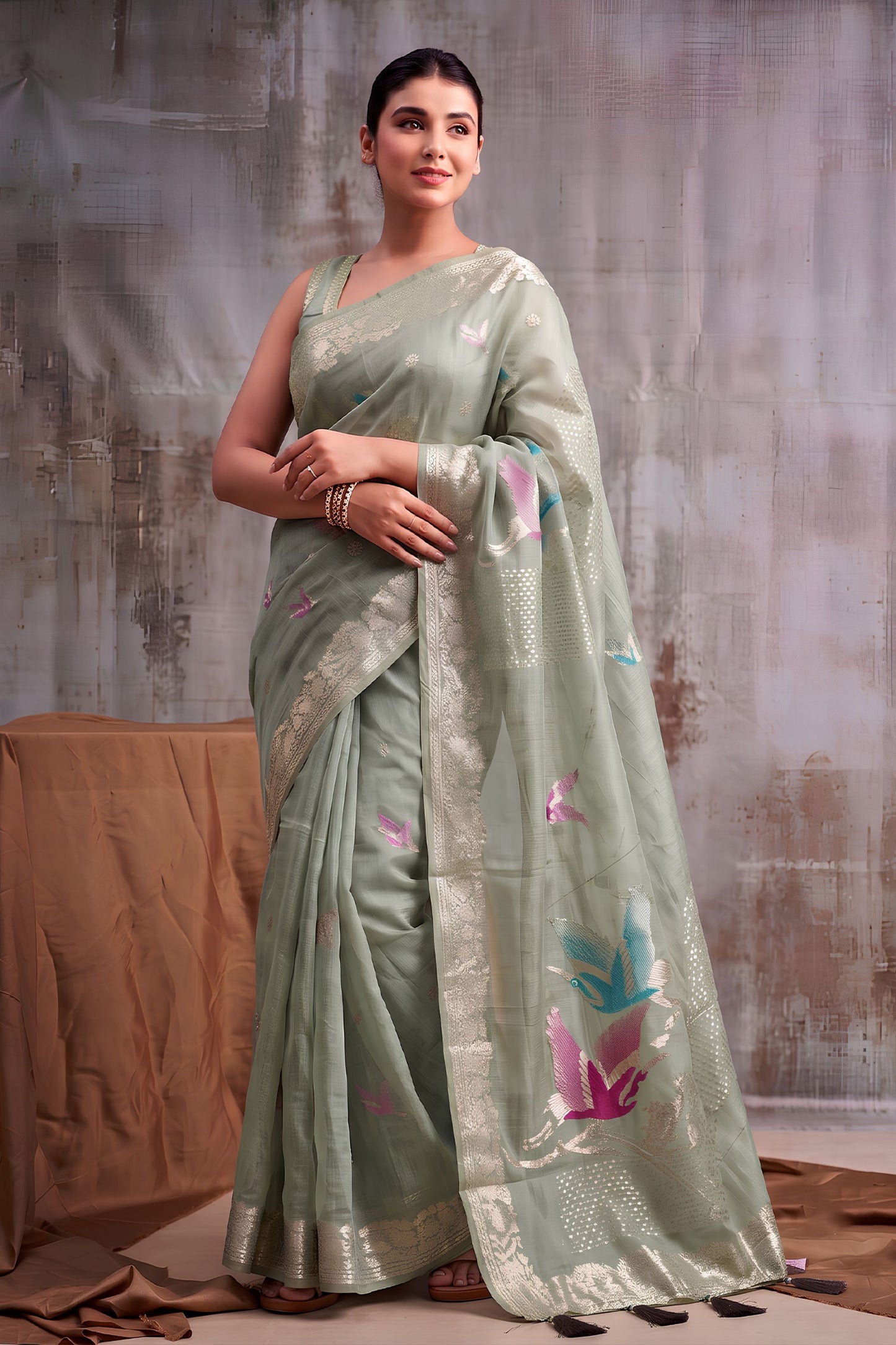 Grateful Sage Green Linen Cotton Woven Designer Saree