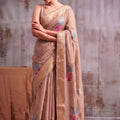 Beautiful Peach Linen Cotton Woven Designer Saree